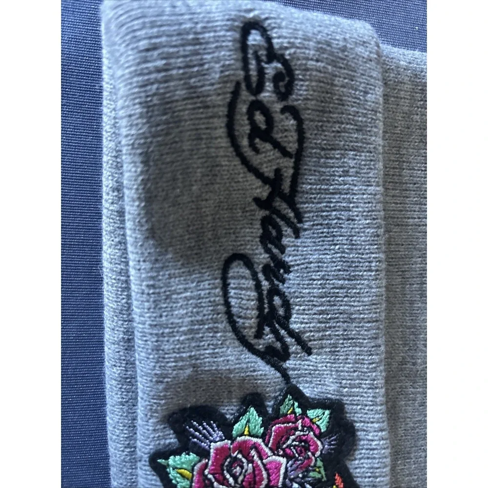 Ed Hardy Tiger Beanie Hat Big Graphic Embroidered Knitted Unisex Grey Gray‎ New